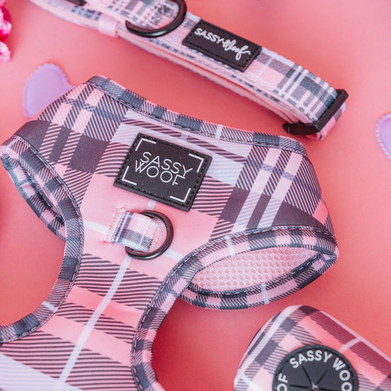 Dog Adjustable Harness - Black Pink Plaid